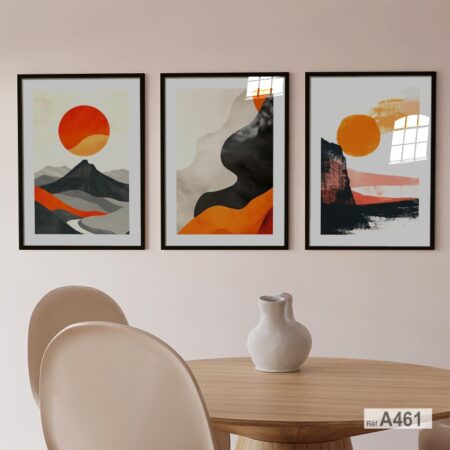 Set de 3 tableaux décoration pour salon ou chambre. montagnes abstraites et Paysage abstrait moderne en Orange Terracotta et Noir. Cadres sous verre ,