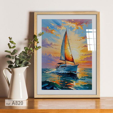 Tableau décoratif : Voilier Coucher de Soleil, Cadre Noir Sous Verreة Peinture Mer Agitée - Déco Maison & Séjour Maroc
