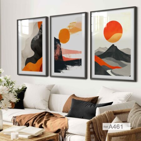 Tableau Décoratif Maroc Salon: Triptyque Paysage Abstrait Moderne | Décoration Murale Orange Gris Soleil,