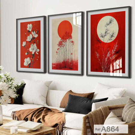 Trois Tableaux style Floral & Naturel Japonais Rouge & Blanc, Forêt et Soleil - Déco Salon et séjours Zen Rouge, livraison au Maroc