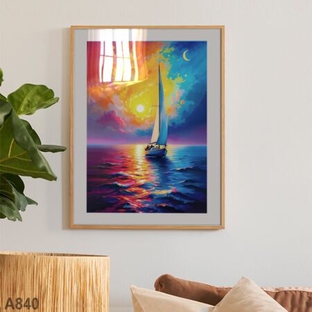 Paysage Marin peinture acrylique : Tableau d'Art Paisible Voilier, Mer & Soleil لوحة مركب شراعي البحر و غروب الشمس - Art décor chambre et séjour au Maroc