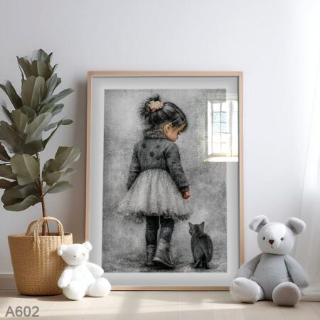 Tableau Captivant Petite Fille et Chat, décoration Chambre d'Enfant ou Séjour - Art Mural romantique au Maroc