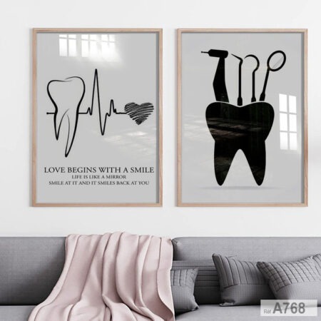 Deux Cadres Muraux Design Dentaire - Tableau Art Mural Dentiste & Orthodontiste & salle d'attente "Love Begins With a Smile" - Minimalistes noir et blanc