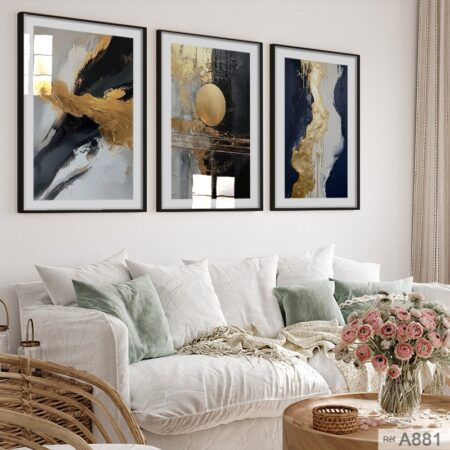 Trois Tableaux avec cadre, décoration abstraite séjours & Salon moderne couleur dorée & bleu et noir ثلاث لوحات تشكيلية حديثة