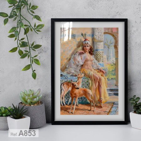 Tableaux décoratif d’art oriental, peinture à l'huile de belle femme & Gazelles Art - Figuratif Mural Marocain pour chambre et salon romantique