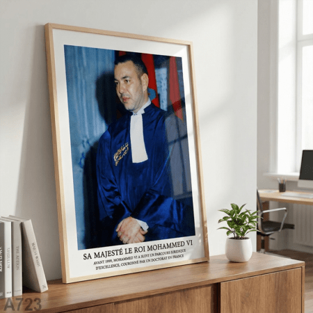 Tableau Portrait Roi Mohammed VI, diplôme de droit, vêtu d'une toge universitaire ou d'avocat