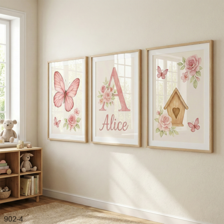 Vente en Ligne : Cadeau Naissance Personnalisé - Livraison Fès Oujda Tanger, 3 Tableaux Papillon Rose & Prénom