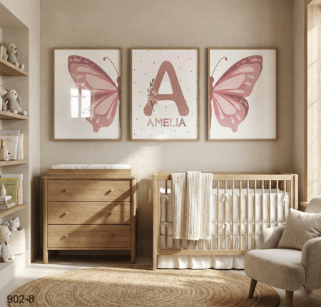 Trois cadres décoratifs Bébé Fille – Papillon Rose & Prénom personnalisé, Vente en Ligne Maroc - Affiche Cadeau Naissance & gift ideas Morocco