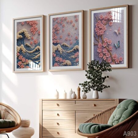 Cadre Déco Salon Zen 3 tableaux décoratif Art Mural Japonais : Grande Vague et Fleurs de Cerisier en Relief 3D au Maroc