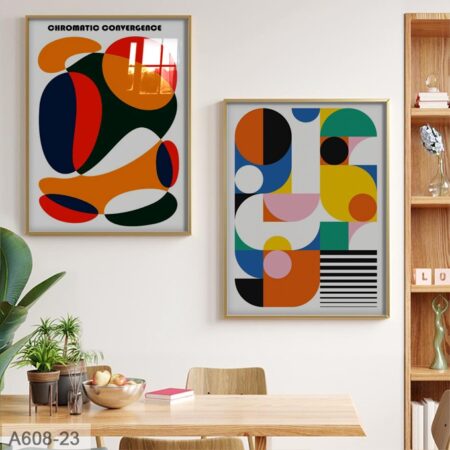 Tableau Art Mural Géométrique Abstrait & Décoration Rétro-Moderne, rouge brique, bleu pétrole, jaune safran et vert forêt