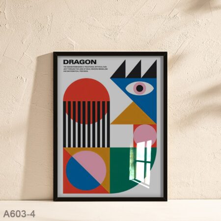 Poster Abstraite Dragon | Art Mural Géométrique Moderne & Couleurs Bauhaus, Tableau Géométrique contemporain avec cadre