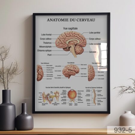 Affiche éducative Anatomie du Cerveau – Schéma des lobes cérébraux, nerfs sensoriels et colonne vertébrale, tableau médical décoratif bureau & cabinet au Marpc