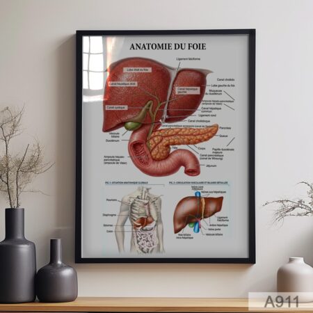 Poster anatomique du foie et pancréas – illustration médicale détaillée du système hépatique, canaux biliaires et pancréas, tableau éducatif pour cabinet médical