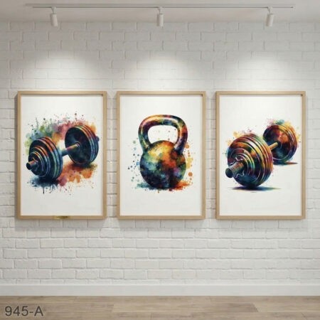 Trois tableaux décoratifs salle de sport & musculation, Tableaux des haltères et une kettlebell abstrait gymnastique
