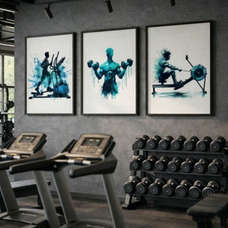 3 Affiches présentent des silhouettes d'athlètes en bleu, pratiquant le cardio et la musculation & Tableaux fitness - Arnold Schwarzenegger