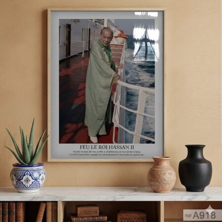 Photo Roi Hassan II voyage en navire vers Sommet arabe de 1988 Algérie  , Tableau histoire au Maroc - décor murale bureau & salle de réception