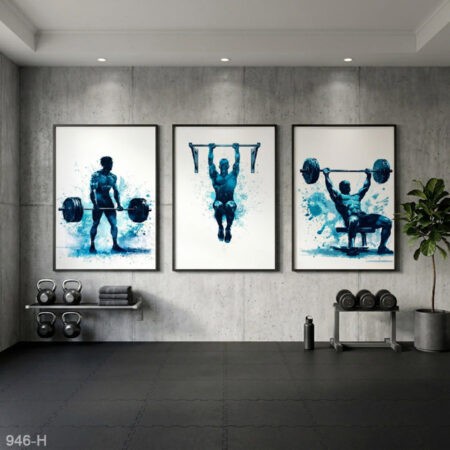 Set triptyque trois Tableaux décoration murale, silhouettes Hommes sportives colorées, salle de sport & fitness au Maroc