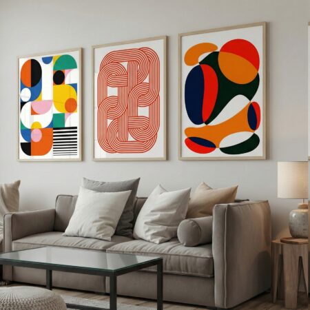 Art Mural Abstrait Symétrique Géométrique Rétro, Set 3 Tableaux minimalismes graphique contemporain - Impression de Qualité au Maroc