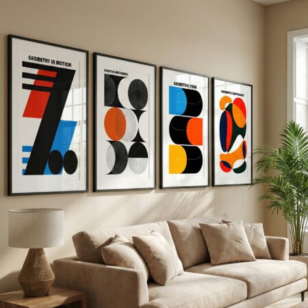 Set de 4 Tableaux Géométriques Bauhaus – Décoration Murale Minimaliste et Vintage pour Salon, Affiches Design Abstrait Modernes Style Mid-Century