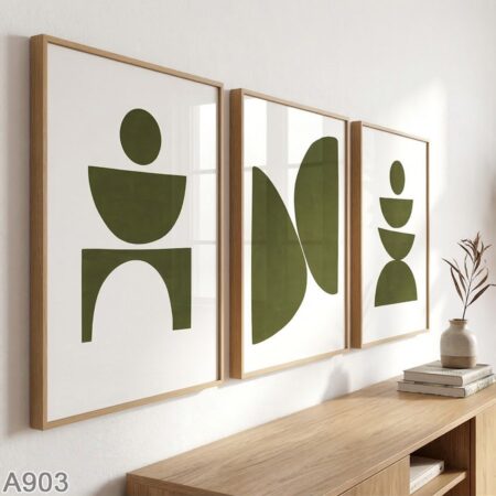 Triptyque abstrait géométrique vert olive – Tableau mural moderne minimaliste pour salon, chambre ou bureau au Maroc