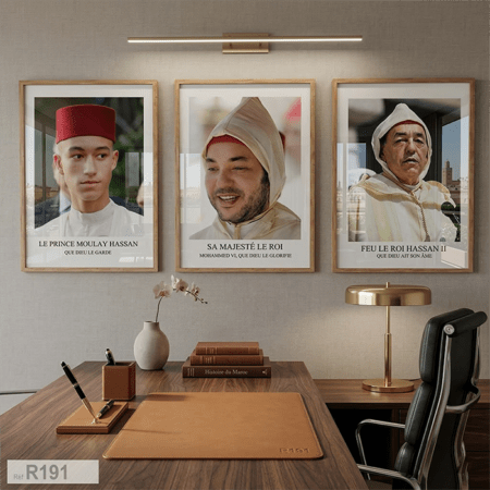 3 Tableaux décoratifs, Portraits Roi Mohammed 6, le prince Moulay El Hassan et Roi Hassan II  لوحة ملوك المغرب