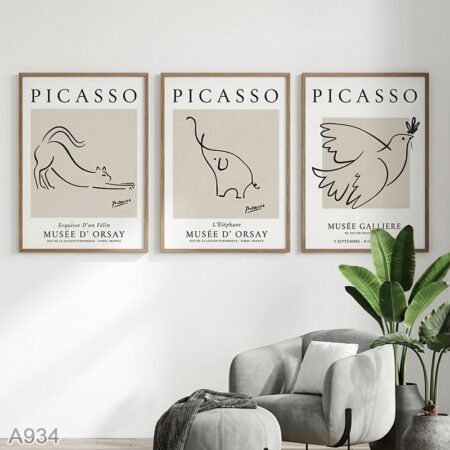 Tableaux Picasso Minimalistes Chat, Éléphant & Colombe – Trio d’Art Moderne Ligne Continue, Tableau Décoratif Scandinave Salon et Chambre, Impression Artistique Noir et Beige