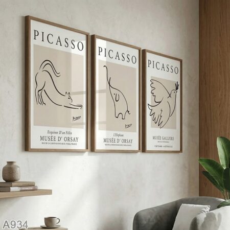 Triptyque Affiches Picasso Minimalistes – Chat, Éléphant & Colombe | 3 Tableaux Décoratifs Modernes pour Salon, Bureau ou Chambre –Art Moderne Noir et Beige