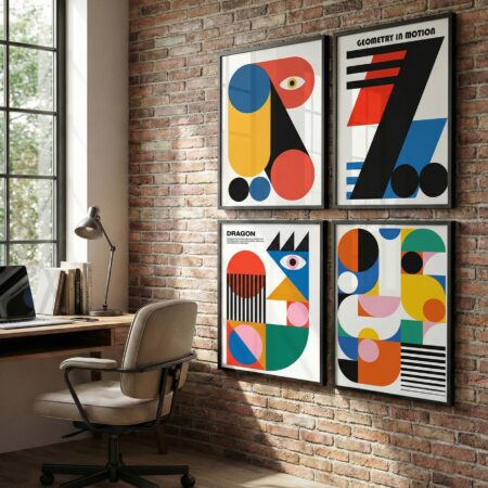 Tableaux Design Géométriques Couleurs Vives –  4 Panneaux Bauhaus Vintage, Décoration Murale Minimaliste pour Salon, Bureau ou Chambre