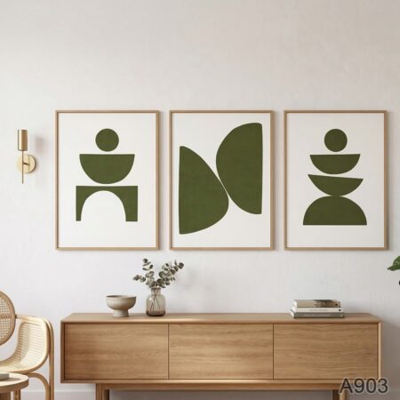 Triptyque abstrait vert minimaliste au Maroc – Tableau mural moderne géométrique pour salon, bureau ou chambre, décoration scandinave sous plexiglas vitre