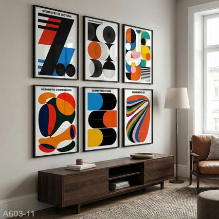 6 Framed Wall Art Morocco – Tableaux Abstraits Multicolores, Cadres Design Bauhaus Rétro, Idée cadeau Décoration Murale Vintage Années 90
