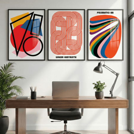 Tableaux Bauhaus Art Mural Abstrait & Formes Géométriques Mid-Century, bleu rouge brique, jaune  et vert , vente au Maroc