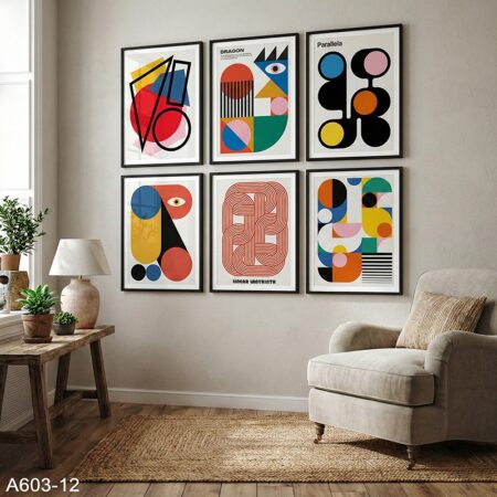 Tableaux Abstraits Scandinaves – Set de 6 Cadres Design Bauhaus Rétro, Décoration Murale Vintage Années 70, Wall Art Moderne Livraison au Maroc