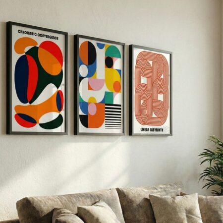 Art Mural Abstrait Symétrique & Déco Géométrique Rétro, Groupe 3 Tableaux minimalismes graphique contemporain