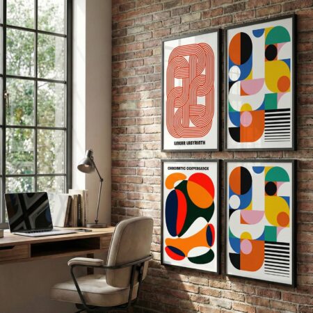 Tableaux Abstraits scandinaves – Set de 4 cadres Design Bauhaus multi couleur, wall art decor années 70, Livraison à Marrakech, Fès, Oujda et partout au Maroc.