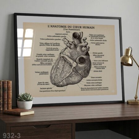 Tableau anatomie du cœur humain vintage – Illustration scientifique système cardiaque, poster médical éducatif décoratif pour cabinet, salle de santé ou clinique.