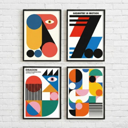 Tableaux Abstraits Géométriques painting – Set de 4 Affiches Bauhaus Vintage, Décoration Murale Minimaliste Design pour Salon, Bureau ou Chambre