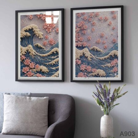 Ensemble de 3 Cadres Muraux Style Estampe Japonaise Nature et Océan - Cadre Déco chambre Zen deux tableaux décoratifs style Japonais : Grande Vague et Fleurs de Cerisier en Relief 3D à casablanca