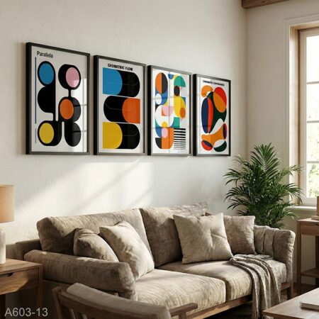 Tableaux Abstraits Géométriques – Set de 4 Affiches Design Bauhaus colorés, Décoration Murale Moderne, Livraison à Marrakech, Rabat, Tanger et partout au Maroc.