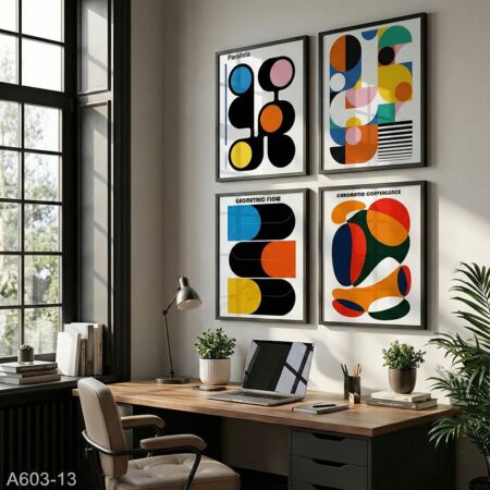 Tableaux Abstraits Géométriques – Set de 4 cadres Design Bauhaus multi couleur, Décoration Murale années 80, Livraison à Marrakech, Agadir, Tanger et partout au Maroc.