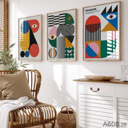 Tableau Design "The Sun" | Art Mural Abstrait Géométrique & Décoration Vintage Solaire -  rouge terre de Sienne, le jaune & bleu