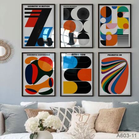 6 Framed Wall Art Morocco : Tableaux Abstraits multicolore – Cadres Design Bauhaus Rétro, idée Décoration Murale Vintage Années 90