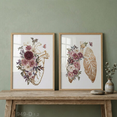2 Panneaux décoratifs cœur & poumons floraux – anatomie Système Respiratoire, Tableaux cabinet de santé & salle de consultation médecin