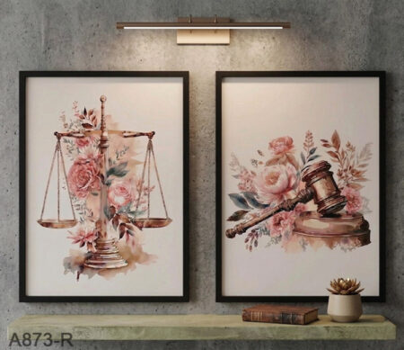 Affiches juridiques élégants : balance de justice et marteau floral – Tableaux décoration murale cabinet avocat au maroc