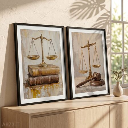 Poster juridiques & Tribunal : balance & livre de justice et marteau en peinture – Tableaux décoration murale Bureau avocat & notaire au Maroc