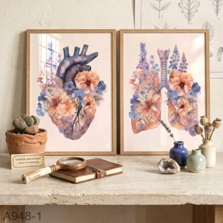 2 Tableaux décoratifs cœur et poumons floraux turquoises– anatomie Système Respiratoire cabinet médical & salle d’attente