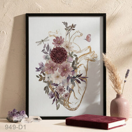 Tableau cœur anatomique floral artistique – affiche décorative murale style botanique et médical, cadre pour salon, chambre ou bureau de médecin cardiologue