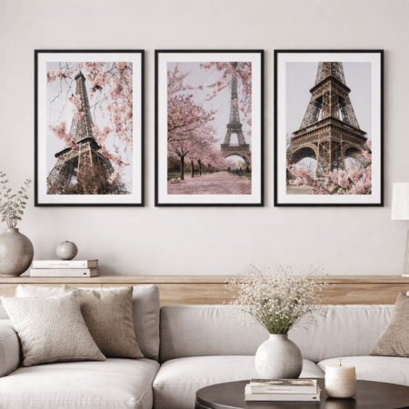 3 Tableaux décoratifs Tour Eiffel – Triptyque Impression haute qualité avec cadre pour chambre à coucher & séjour