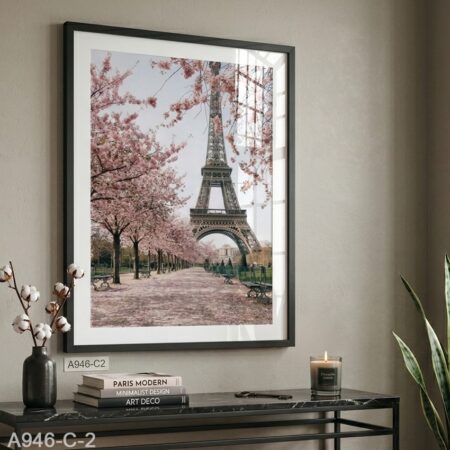 Tableau décoratif Tour Eiffel avec cerisiers en fleurs – Décoration murale romantique avec Cadre noir sous verre Maroc