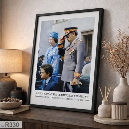 Tableau historique de 1980 le roi Hassan II, le prince Mohammed VI et la reine Elizabeth II.affiche d'histoire du Maroc