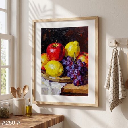 Tableau Décoratif peinture Nature Morte Fruits Impasto. Cuisine & salle à manger: Pommes, Citrons, Raisins. Cadre Bois 